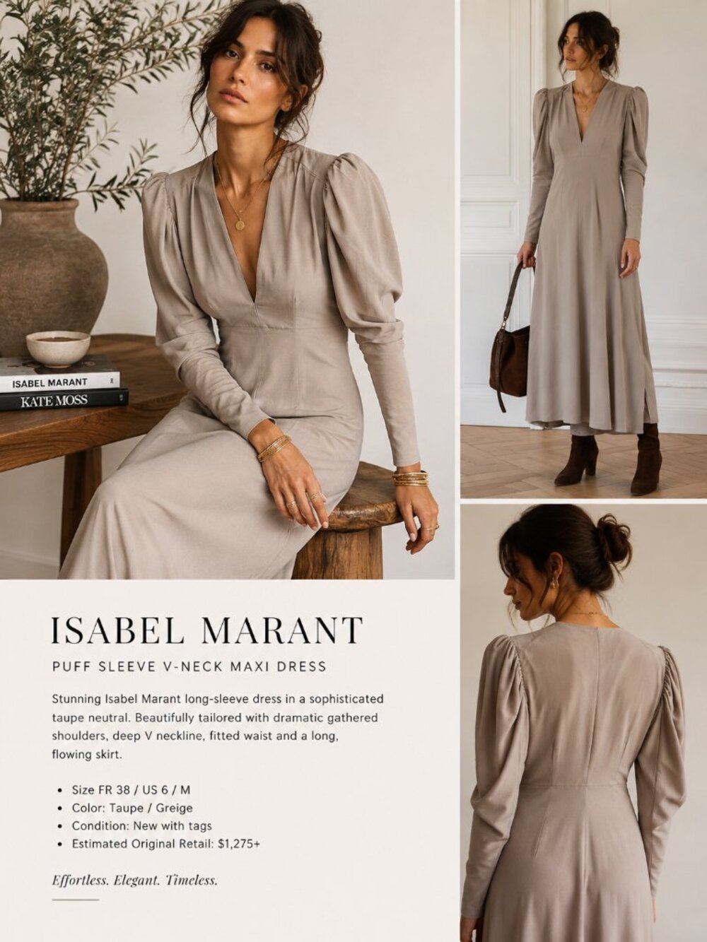 Isabel Marant Cream Puff Sleeve V-Neck Maxi Dress NWT